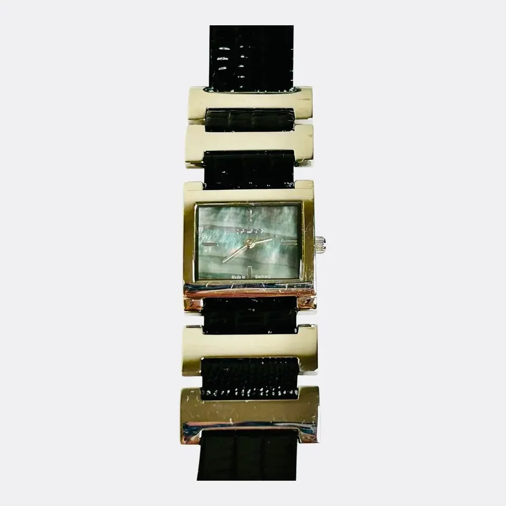 Pallas Watch Made in Germany Silver Tone Bezel Accents Face Black Leather Band